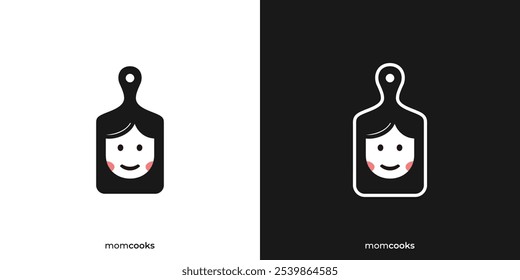 Logo da Mom Cooks. Tabuleiro de corte e rosto de mulher com estilo minimalista. Logotipo da cozinha da mãe, Ícone, Símbolo, Vetor, Inspiração do design.
