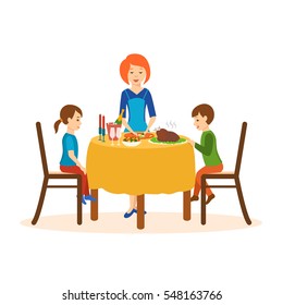 Mom cooks on a cutting board dinner, standing at the table, two young children sitting on both sides of the table and enthusiastically look at a table. Vector illustration.