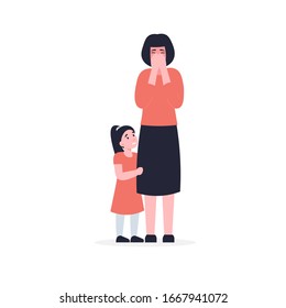 Mom cries, little daughter hugging and calms down mother. Concept flat vector cartoon Illustration. Family problems, pressure at work, domestic abuse, unhappy marriage.