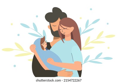 Mamá, papá y bebé. Ilustración del día familiar. Feliz pareja casada con bebé recién nacido, antecedentes decorativos con hojas. Estilo plano. El concepto de amor, cuidado, felicidad familiar.Diseño vectorial.