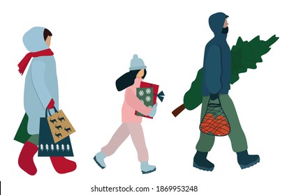 Mom, dad and baby go with gifts and shopping for Christmas and New year. Vector abstract people walking in winter clothes with gift boxes, packages, Christmas tree.