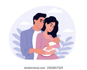 Mom, dad and baby. Happy mother, father and adopted child. Family and parenthood concept. Flat vector illustration isolated on white background