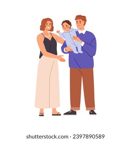 Mom, dad and baby. Happy parents holding infant. Only-child family. Mother, father and cute kid in hands. Smiling wife and husband couple. Flat vector illustration isolated on white background