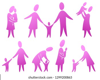 Mom and dad with baby icon. Mother and father walk with child, hold him in his arms, hug. Relationship of parents and children vector silhouette illustration. Simple concept of love, care and support