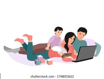 Mom, dad and baby are looking at the laptop screen. Family at home. Work, training and entertainment at home. Eps 10  vector illustration.