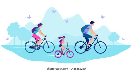 Mom, Dad And Baby Travel On Bikes. Sports, Tourism, Active Lifestyle. Happy Active Family. Eps10 Vector Flat Illustration.