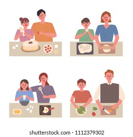 mom and dad baking with child. flat design style vector graphic illustration set