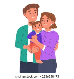 Mom and dad carrying cute baby. Family with child, happy parents, kid with mother and father isolated flat cartoon vector illustration on white background