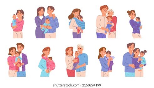 Mama und Papa tragen Neugeborenes, glückliche Eltern, Familie mit Kind. Cartoon Babys mit Mutter und Vater, junge Familien Vektorgrafik-Set. Fröhliche Elternsammlung