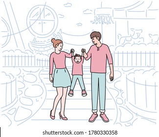 Mom And Dad And The Child Came To The Amusement Park. Dad And Mom Hold The Child's Hand And Lift It Up. Hand Drawn Style Vector Design Illustrations. 