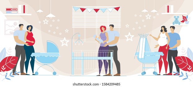 Mom and Dad with Child Lovely Family, Husbands Embracing Pregnant Wives. Happy Couples Prepare Become Parents and Taking Care of Newborn Baby. Maternity and Parenting. Cartoon Vector Flat Illustration