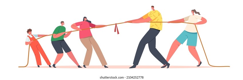 Mom, Dad and Children Characters Tear Rope, Tug of War Competition Between Parents and Kids. Concept of Family Sports Activity, Generational Conflict, Struggle. Cartoon People Vector Illustration