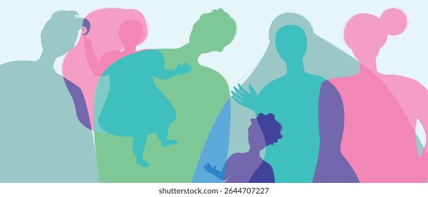 Mom, dad and children with relatives as a big family, color silhouette vector illustration as propaganda of birth rate and happy authentic Family