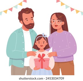 Mom and dad congratulate their daughter on the holiday. The girl is holding a gift.Birthday. Festive mood. Pastel colors. Hand draw.