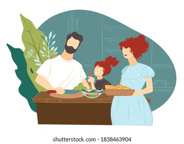 Mom and dad cooking dinner together. Mother and father with daughter preparing dishes for evening. Kid helping parents with household chores. Family spending time, vector in flat style illustration