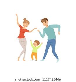 Mom and dad dancing with their little son, happy family and parenting concept vector Illustration on a white background