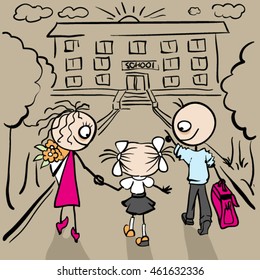 Mom, Dad and daughter are going to school. Vector cartoon illustration