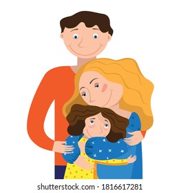Mom dad and daughter hugging each other on a white background
