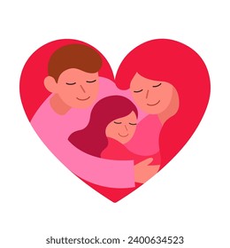 Mom Dad and daughter hugging  in heart shape continuous line drawing, Happiness family concept in heart shape continuous line drawing vector illustration