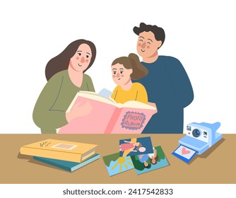 Mom, dad and daughter are looking through a photo album, family photos, archive, photo album, memories. Memory, nostalgia concept. Flat vector illustration
