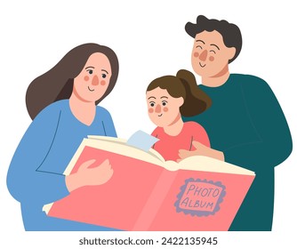 Mamá, papá e hija están mirando a través de un álbum de fotos, fotos familiares, archivo, álbum de fotos, recuerdos. Memoria, concepto de nostalgia. Ilustración vectorial plana