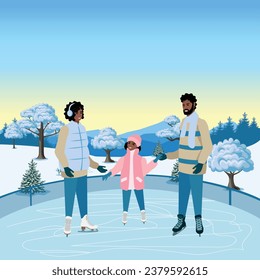 Mom, dad and daughter are skating on the ice rink. Rest and time with family. Active winter sports and recreation. Vector illustration on a white background.
