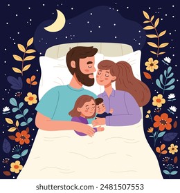 Mom, dad, daughter and son sleep together. Happy family.Childcare and parenthood concept.