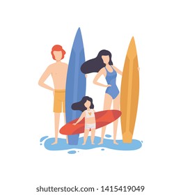 Mom, Dad and Daughter Standing with Surfboards on Beach, Happy Family Enjoying Summer Vacation on Seashore Vector Illustration