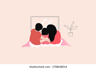 Mom, dad, and daughter watching TV. Family time concept. Stay at home concept.