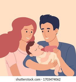 Mom and Dad feed their son from a bottle. Loving couple, honeymooners with a baby in her arms. Vector illustration in a flat style isolated on a beige background. Family,love,motherhood and fatherhood