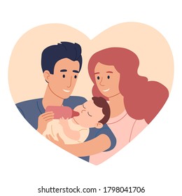 Mom and Dad feed their son from a bottle. Vector illustration in a flat style isolated on a beige heart. Loving couple, honeymooners with a baby in her arms.  Family,love, fatherhood and motherhood 