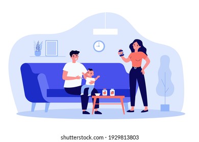 Mamá y papá alimentando a un niño en casa. Comida para bebés, fórmula, puré. Ilustración vectorial plana. Familia, cuidado de niños, concepto de nutrición para banner, diseño de sitios web o página web de inicio