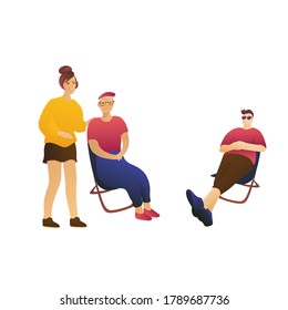 Mom dad and grandmother on a white background are resting. Family on a joint vacation on chairs. Adult people concept.