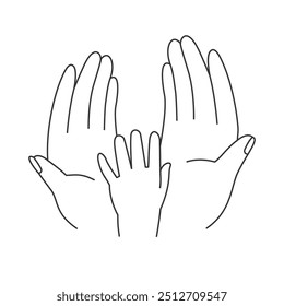 mom and dad hands holding child arm. big caring mom and dad hands. family relationship and protection. line vector illustration isolated