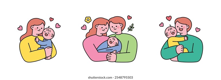 Mom and dad are happily holding their baby. outline simple vector illustration.