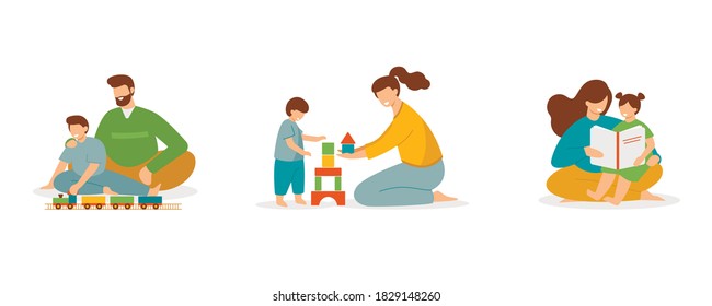 Mom and dad having fun playing with their child at home. Happy parents spending time together with kids. Vector set. Flat illustration in cartoon style