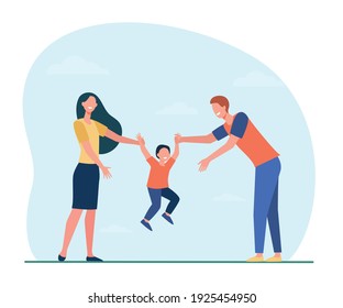 Mom and dad holding kids hands and lifting boy. Child and parents having fun together. Flat vector illustration. Family, leisure, activities concept for banner, website design or landing web page