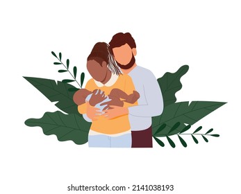 Mom and dad holding a newborn baby. Mixed marriage. Vector illustration