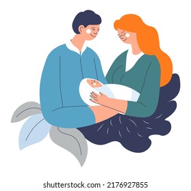 Mom and dad holding newborn baby on hands, mother and father caring for kid. Childhood and parenthood, mommy and daddy hugging and cuddle son or daughter, rocking in arms. Vector in flat style