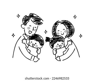 Mom and dad hugging a child.