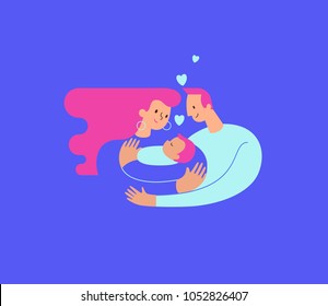 Mamá y papá abrazando y abrazando a su bebé o niña y amamantándolo. Padres abrazando a un hijo recién nacido y expresando amor y cuidado. Símbolo moderno del logotipo de ilustración para banner o sitio web. Vector