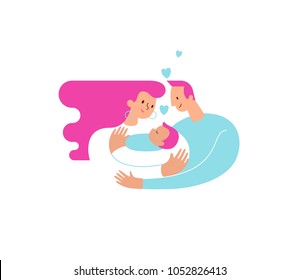 Mom and dad hugging and cuddling their baby boy or girl and nursing him. Parents embracing newborn son and expressing love and care. Modern illustration logo symbol for banner or website. Vector