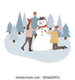 Mom and dad with kid enjoy winter fun together. Family in winter park at snowfall making snowman with kids. Wintertime holidays vacation cartoon. Vector illustration