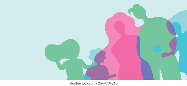 Mom, dad and kids as a family, color silhouette vector illustration with authentic Family, copy space template for design