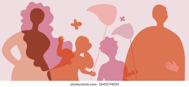 Mãe, pai e crianças brincando com crianças, silhueta vetor ilustração stock como Authentic Family com pegar borboletas com uma rede