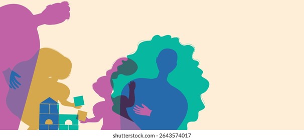 Mom, dad and kids playing with toys, silhouette vector stock illustration as Authentic Family, copy space template for overlay