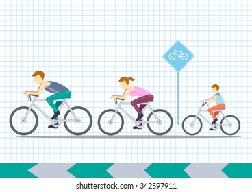 Mom, Dad and kids ride bikes,Sport family,vector illustrations