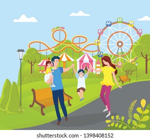 Mom and dad with kids vector, amusement park relaxation and celebration. People spending time, ferris wheel with cabins, attraction constructions