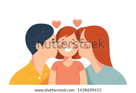 mom and dad kiss their daughter's cheeks with love, vector drawing concept of love and affection for a happy family 