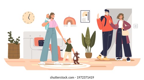 Mom And Dad Leaving Kids With Home Babysitter Female, Professional Nurse Babysitting Small Children. Home Kindergarten Or Childcare Service. Cartoon Flat Vector Illustration